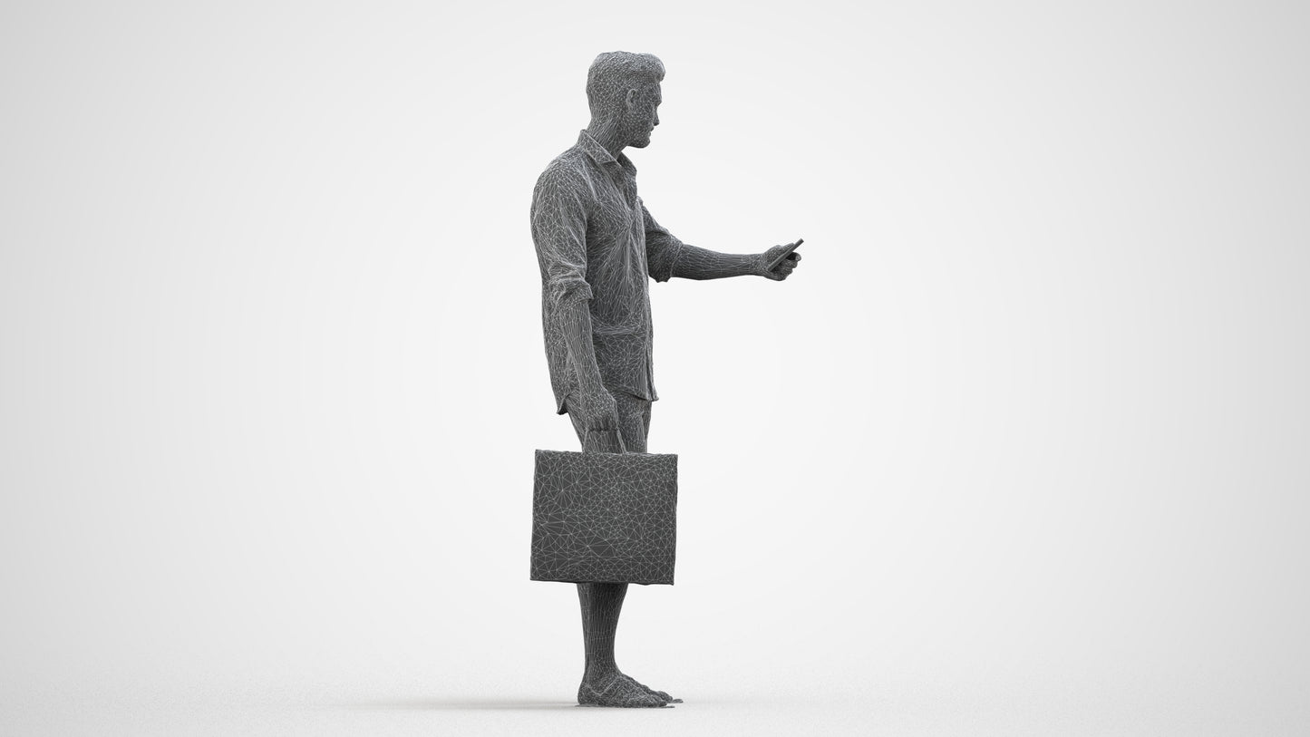 3D scanned man standing casual, photorealistic archviz people for Enscape and SketchUp, wireframe side view