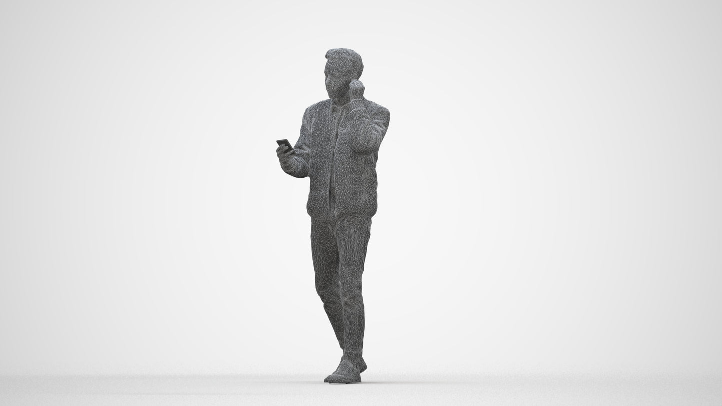 3D scanned man walking casual, photorealistic archviz people for Enscape and SketchUp, wireframe back view
