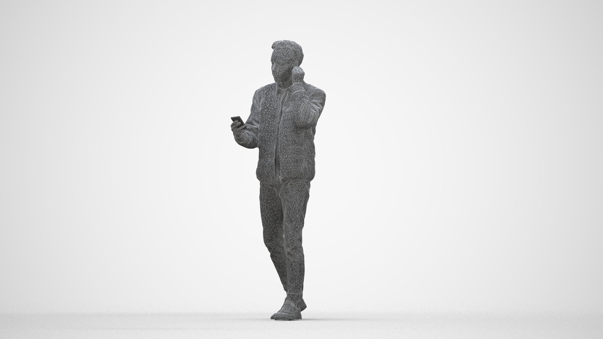 3D scanned man walking casual, photorealistic archviz people for Enscape and SketchUp, wireframe back view