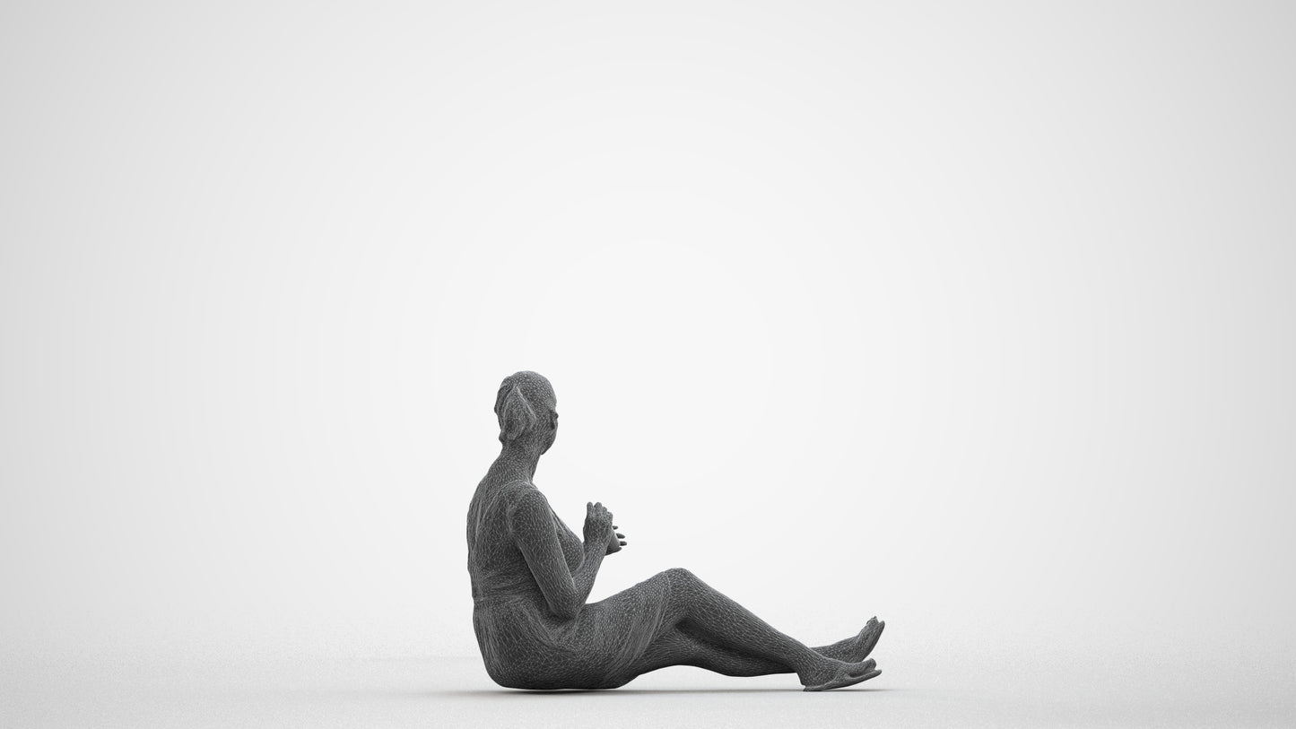 scanned 3D woman casual sitting, photogrammetry people for Enscape and V-Ray, wireframe front view