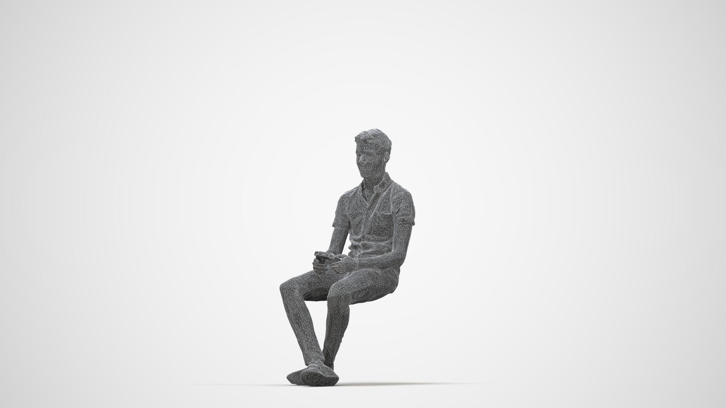 realistic 3D human man casual sitting, archviz people FBX OBJ for Blender, wireframe back view