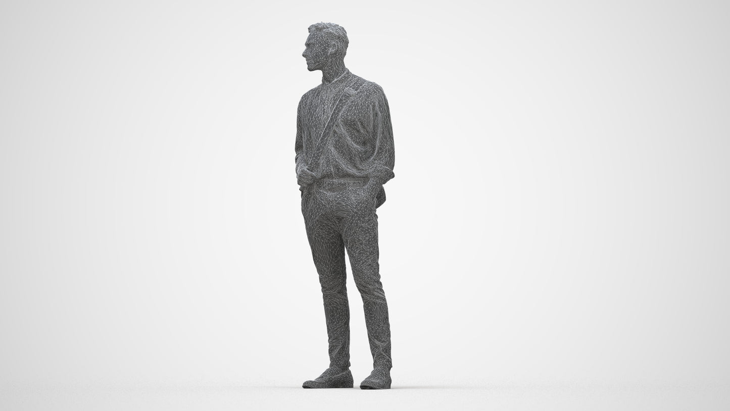 scanned 3D man casual standing, photogrammetry people for Enscape and V-Ray, wireframe back view