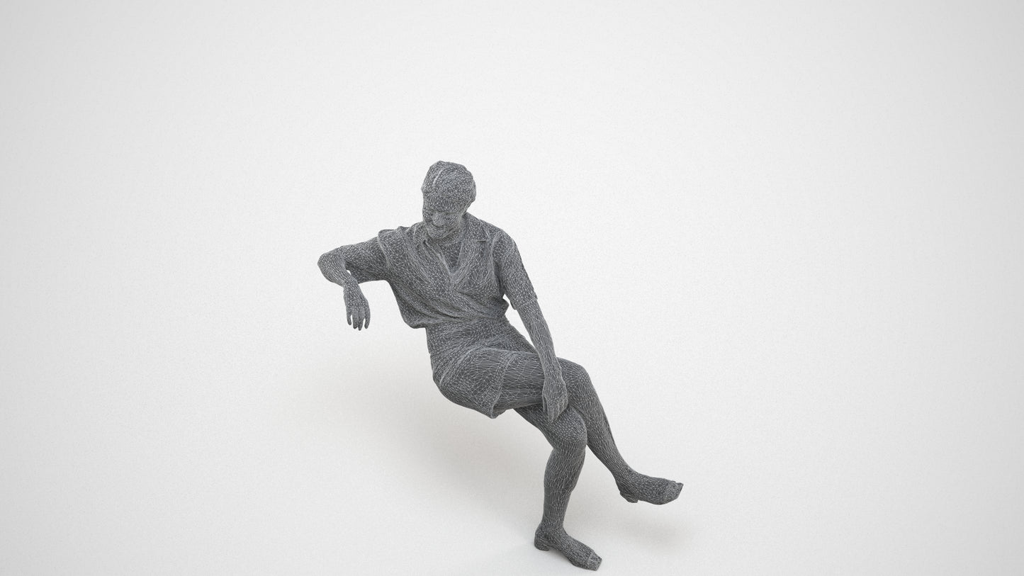 3D human model woman casual sitting, photogrammetry scanned person for archviz, wireframe three-quarter view
