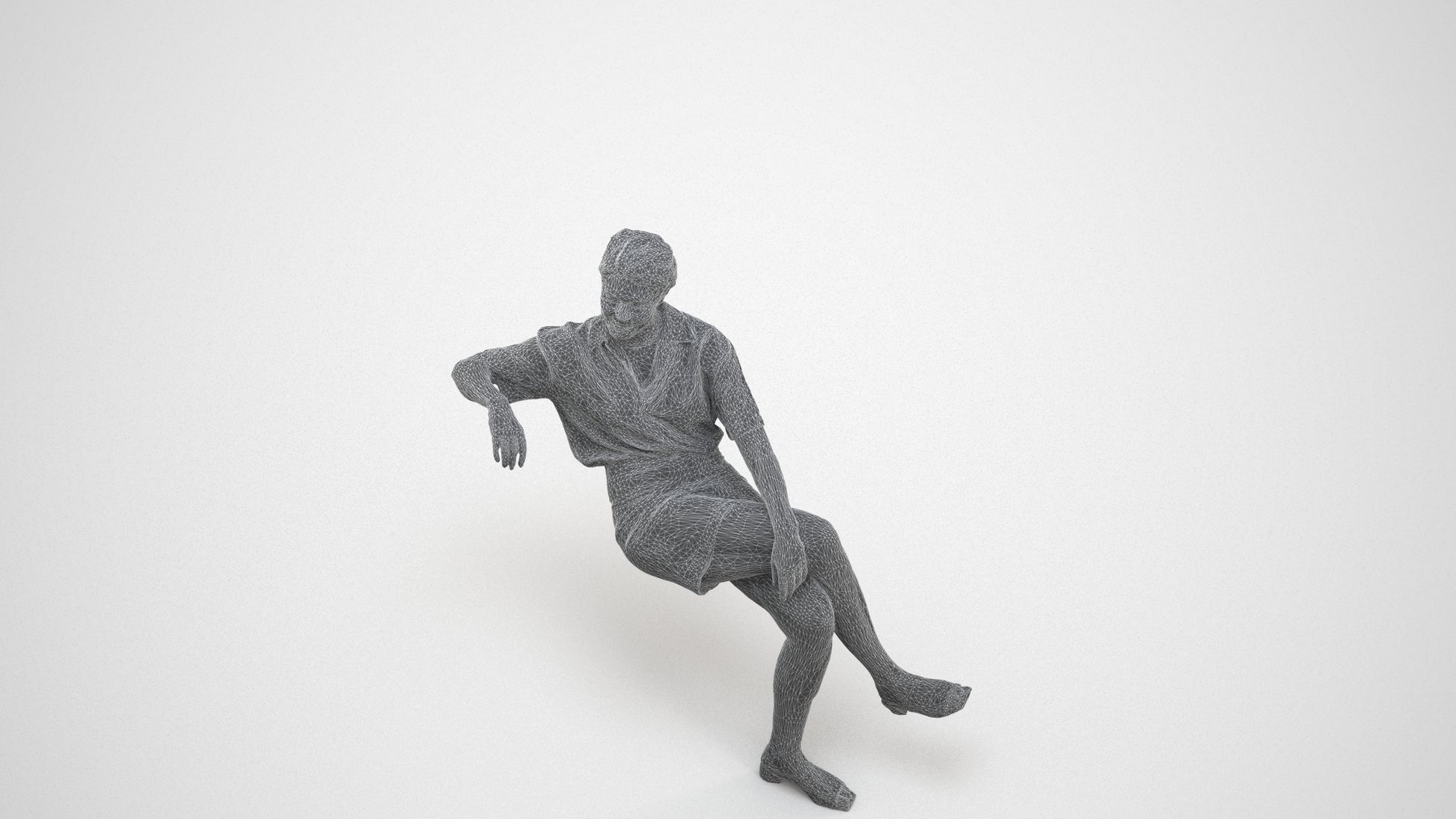 3D human model woman casual sitting, photogrammetry scanned person for archviz, wireframe three-quarter view