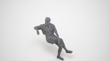 3D human model woman casual sitting, photogrammetry scanned person for archviz, wireframe three-quarter view