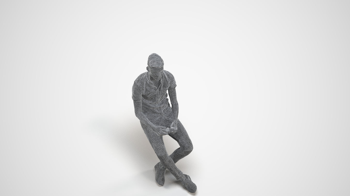 realistic 3D human man casual sitting, archviz people FBX OBJ for Blender, wireframe three-quarter view