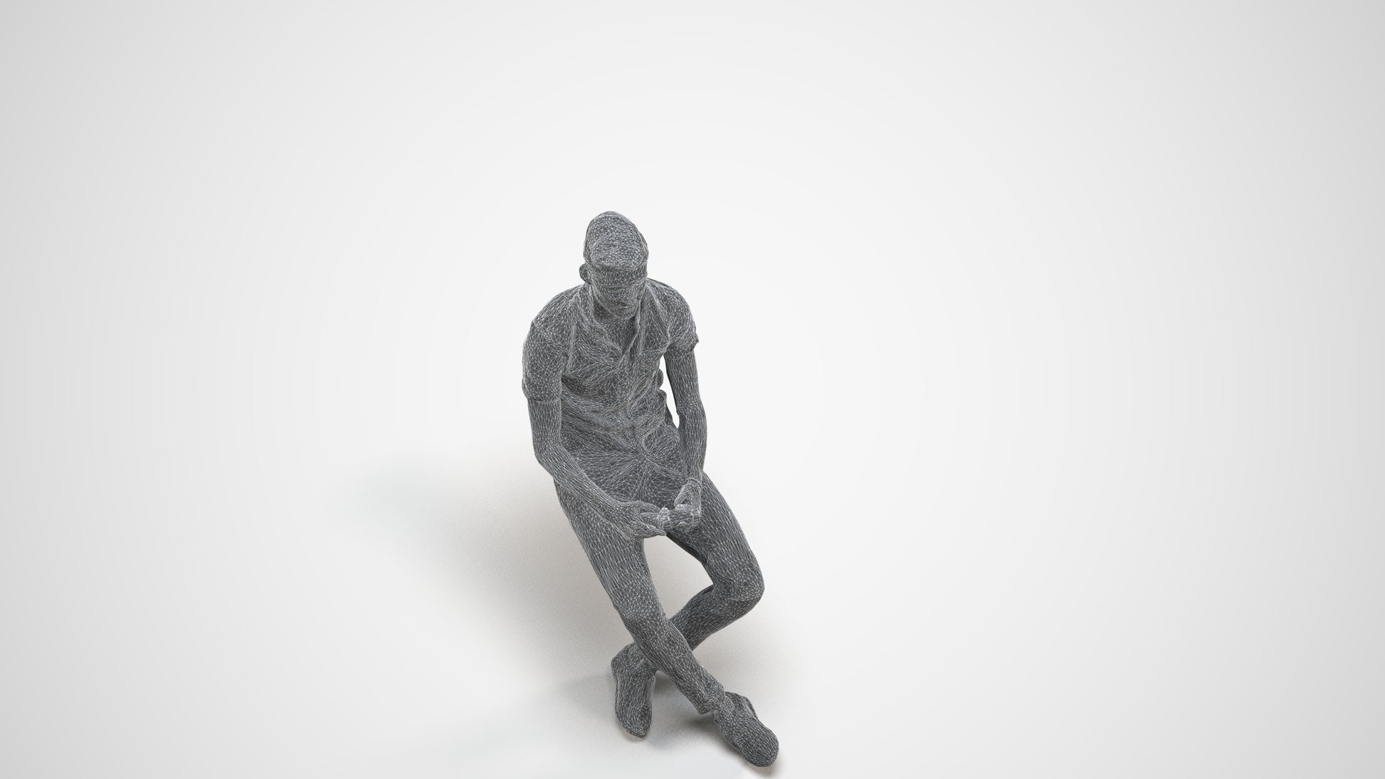 realistic 3D human man casual sitting, archviz people FBX OBJ for Blender, wireframe three-quarter view