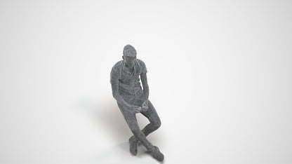realistic 3D human man casual sitting, archviz people FBX OBJ for Blender, wireframe three-quarter view