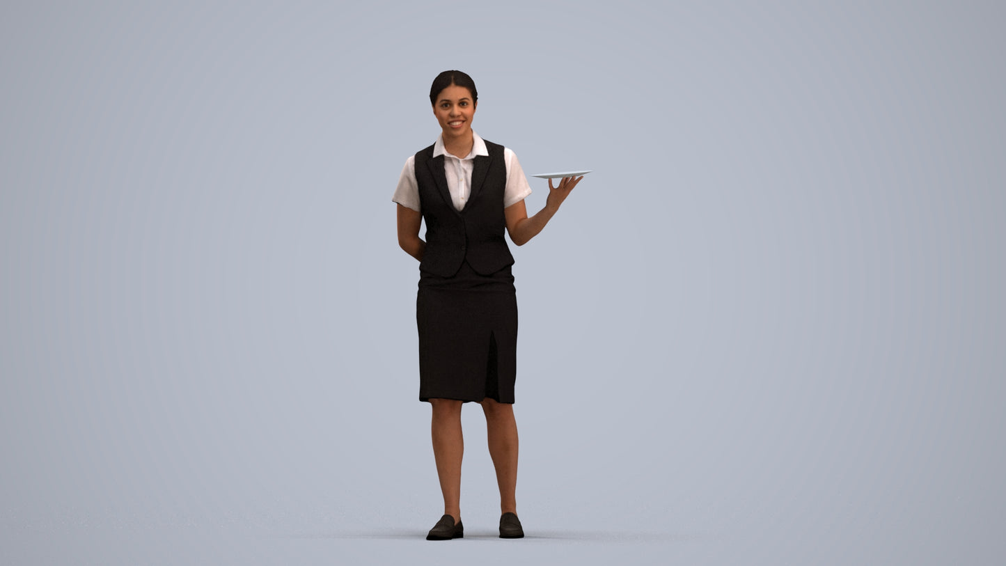 photogrammetry 3D woman hospitality, realistic human model archviz FBX, standing pose render