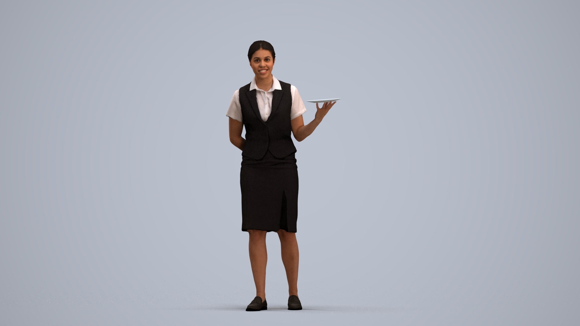 photogrammetry 3D woman hospitality, realistic human model archviz FBX, standing pose render