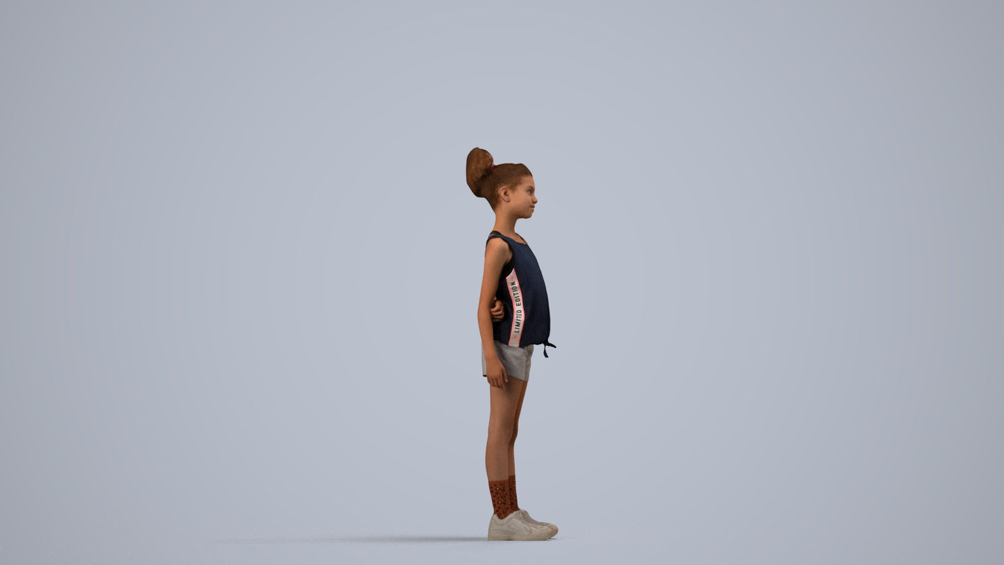 3D human model girl sport kids, photogrammetry scanned person for archviz, side view render