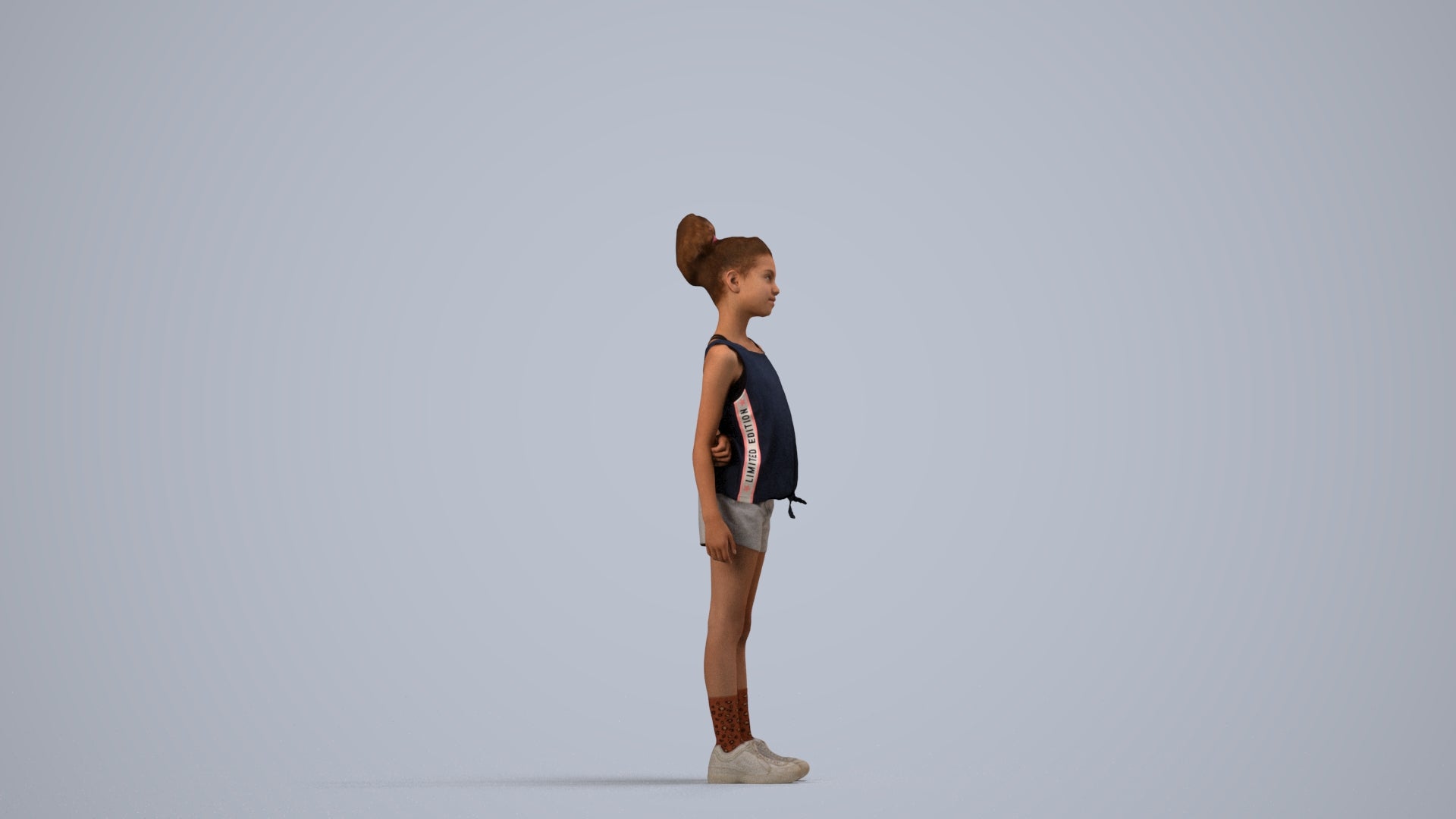 3D human model girl sport kids, photogrammetry scanned person for archviz, side view render