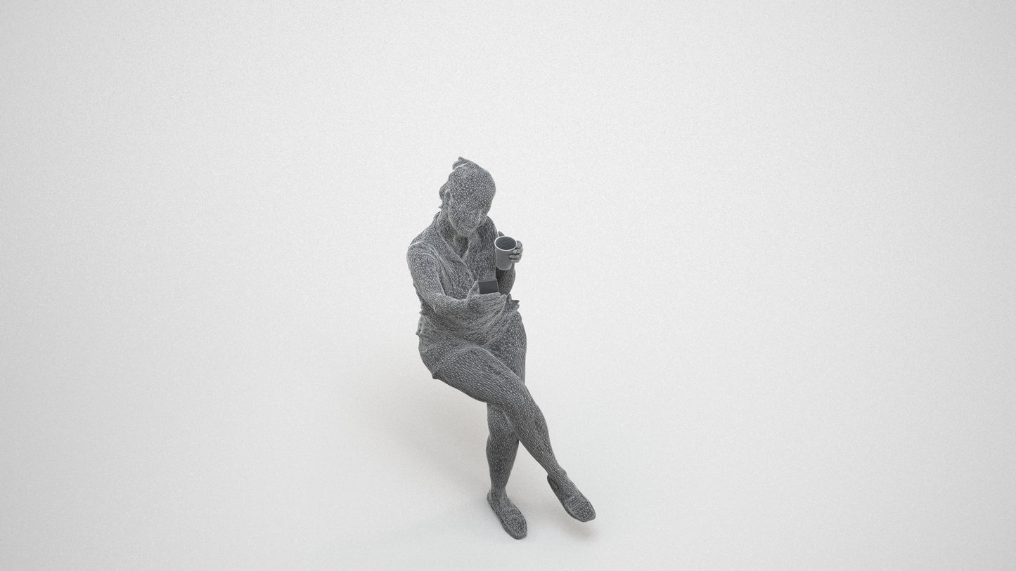 realistic 3D human woman casual sitting, archviz people FBX OBJ for Blender, wireframe three-quarter view