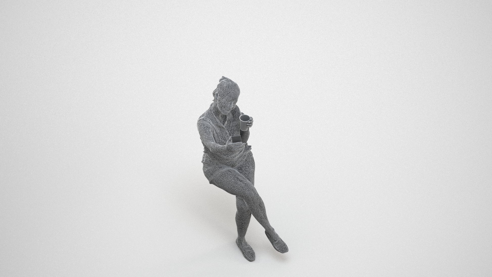 realistic 3D human woman casual sitting, archviz people FBX OBJ for Blender, wireframe three-quarter view