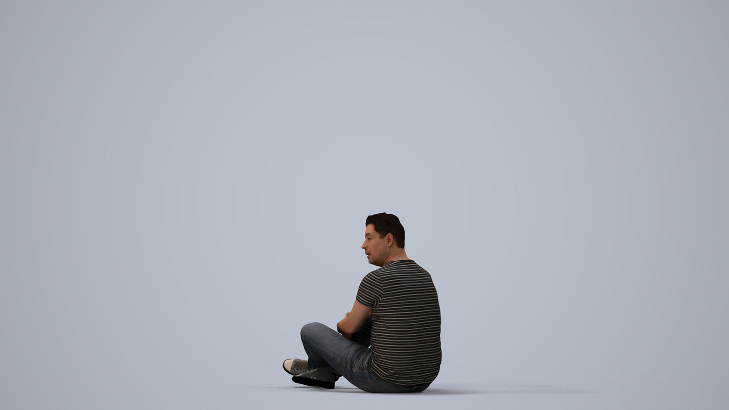3D people model man casual sitting, scanned human for 3ds Max rendering, three-quarter view render