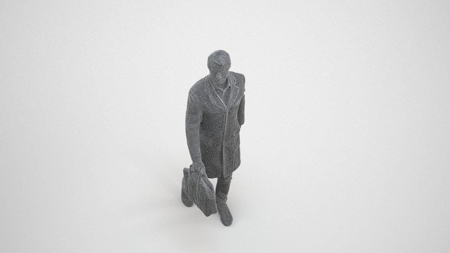 3D human model man business, photogrammetry scanned person for archviz, wireframe three-quarter view