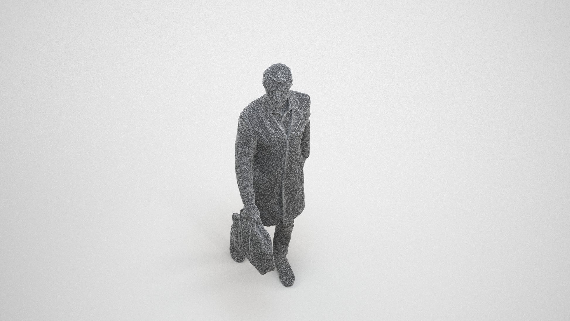 3D human model man business, photogrammetry scanned person for archviz, wireframe three-quarter view