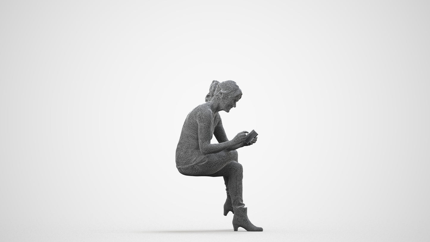realistic 3D human senior woman casual sitting, archviz people FBX OBJ for Blender, wireframe side view