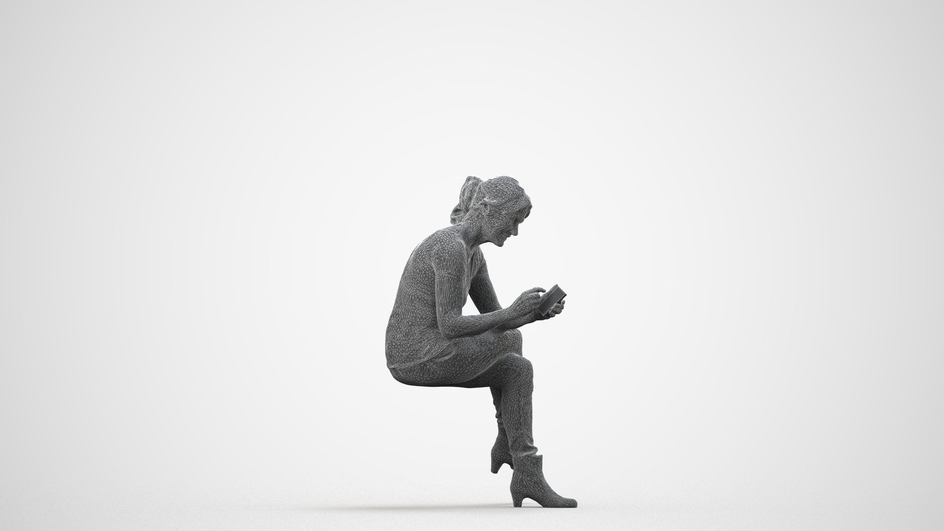 realistic 3D human senior woman casual sitting, archviz people FBX OBJ for Blender, wireframe side view