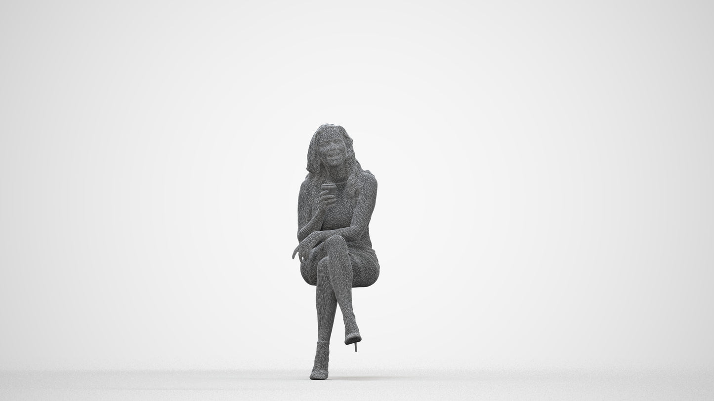 3D people model woman casual sitting, scanned human for 3ds Max rendering, wireframe back view