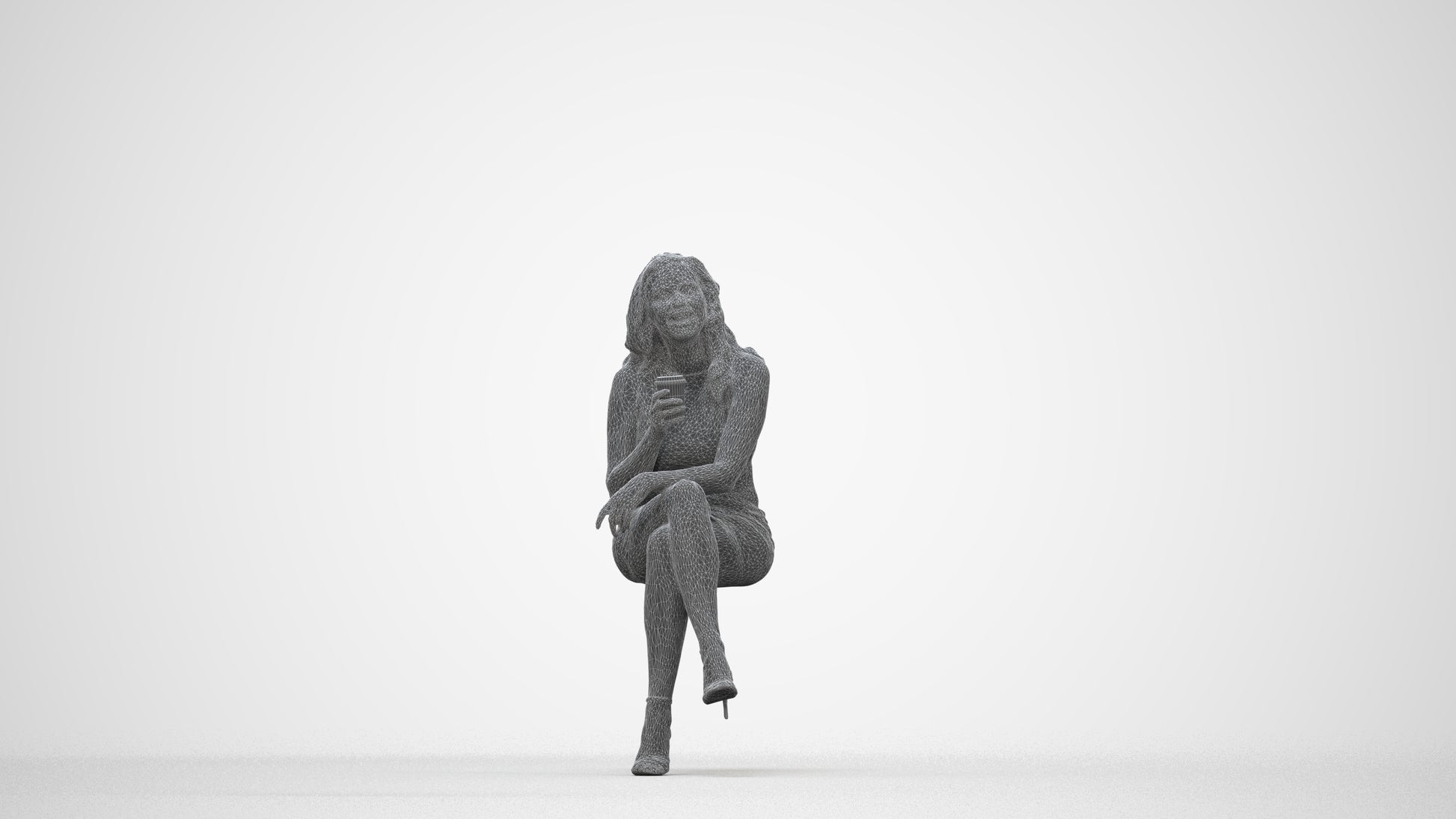 3D people model woman casual sitting, scanned human for 3ds Max rendering, wireframe back view