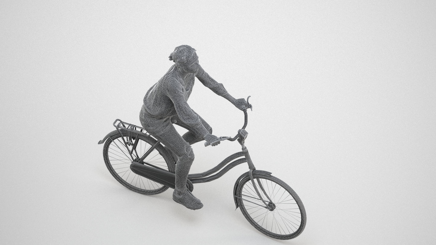 realistic 3D human woman casual cycling, archviz people FBX OBJ for Blender, wireframe three-quarter view