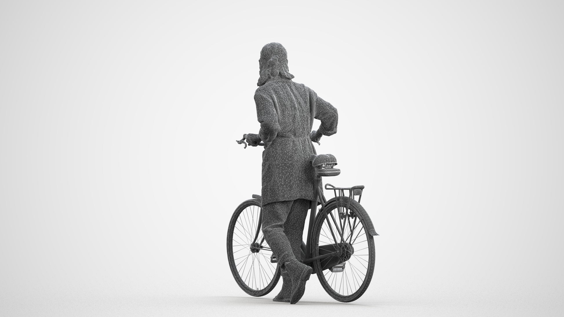 3D human model woman casual cycling, photogrammetry scanned person for archviz, wireframe front view