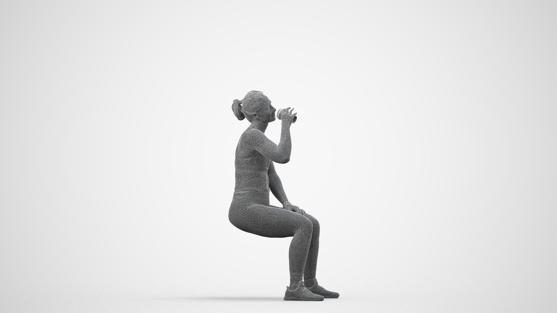 3D human model woman sport, photogrammetry scanned person for archviz, wireframe side view