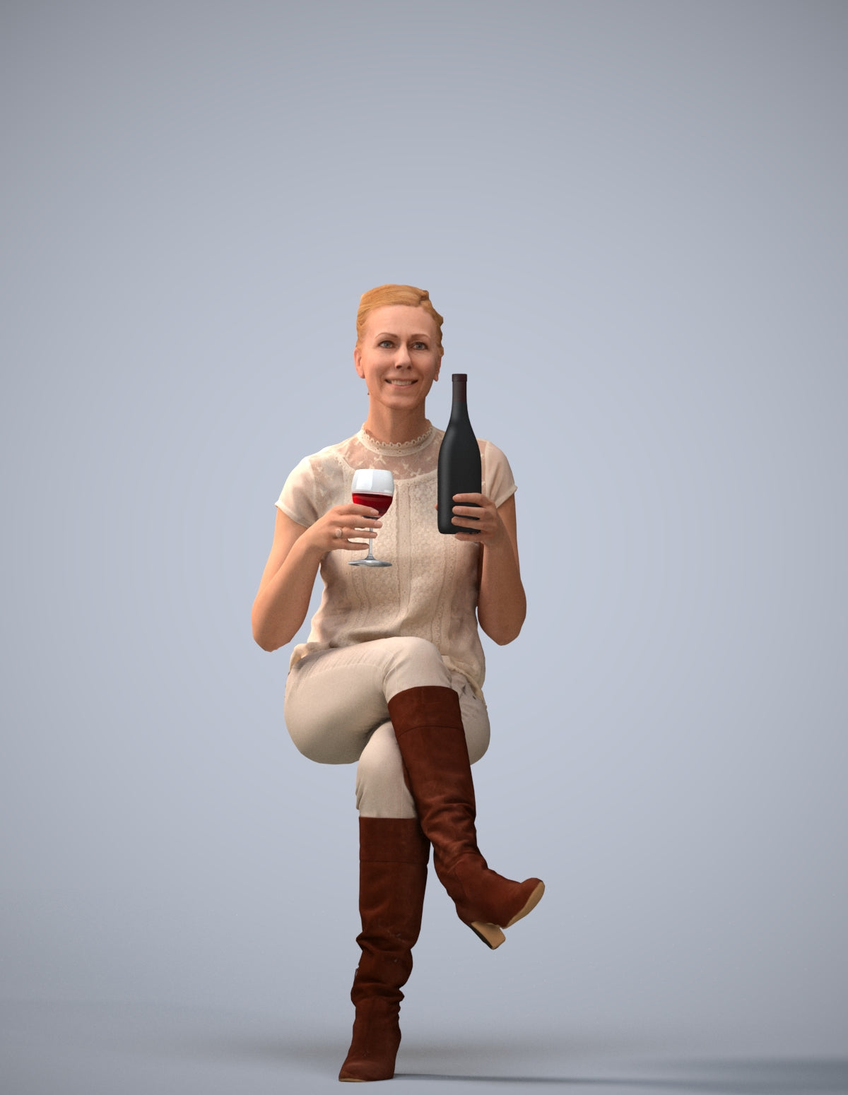 3D human model woman casual sitting, photogrammetry scanned person for archviz