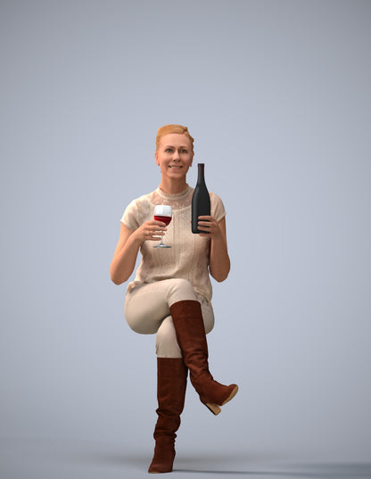 3D human model woman casual sitting, photogrammetry scanned person for archviz