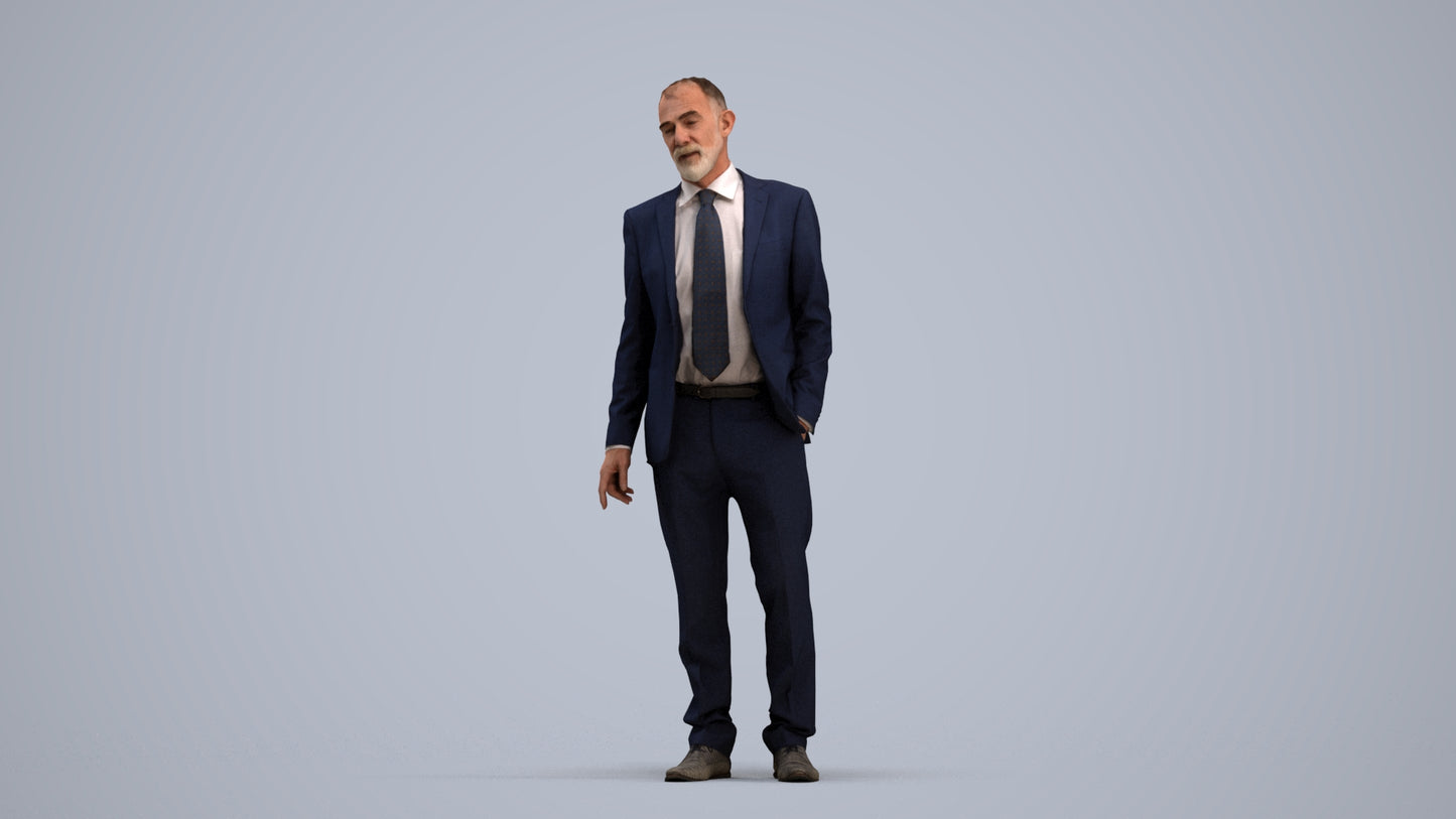3D people model senior man business, scanned human for 3ds Max rendering, standing pose render
