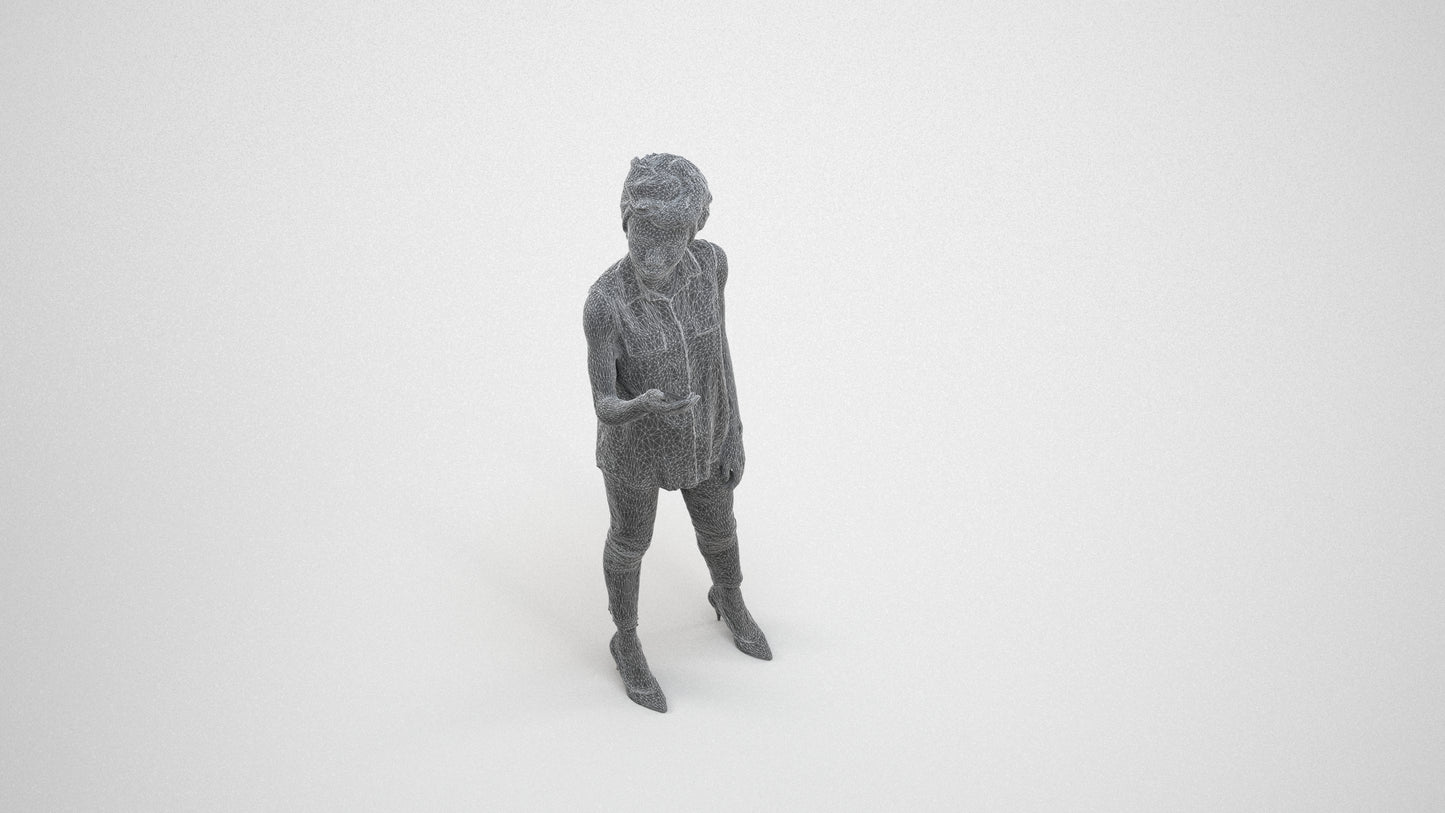 3D scanned woman standing casual, photorealistic archviz people for Enscape and SketchUp, wireframe three-quarter view
