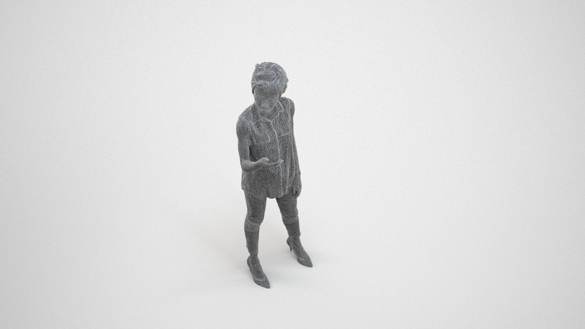 3D scanned woman standing casual, photorealistic archviz people for Enscape and SketchUp, wireframe three-quarter view