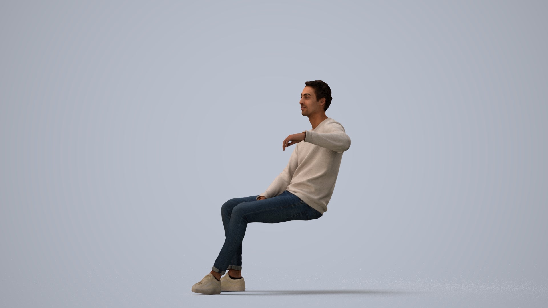 photogrammetry 3D man casual sitting, realistic human model archviz FBX, three-quarter view render
