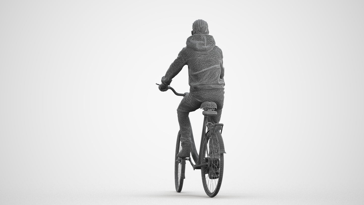 realistic 3D boy casual cycling, scanned archviz people for Blender and 3ds Max, wireframe front view