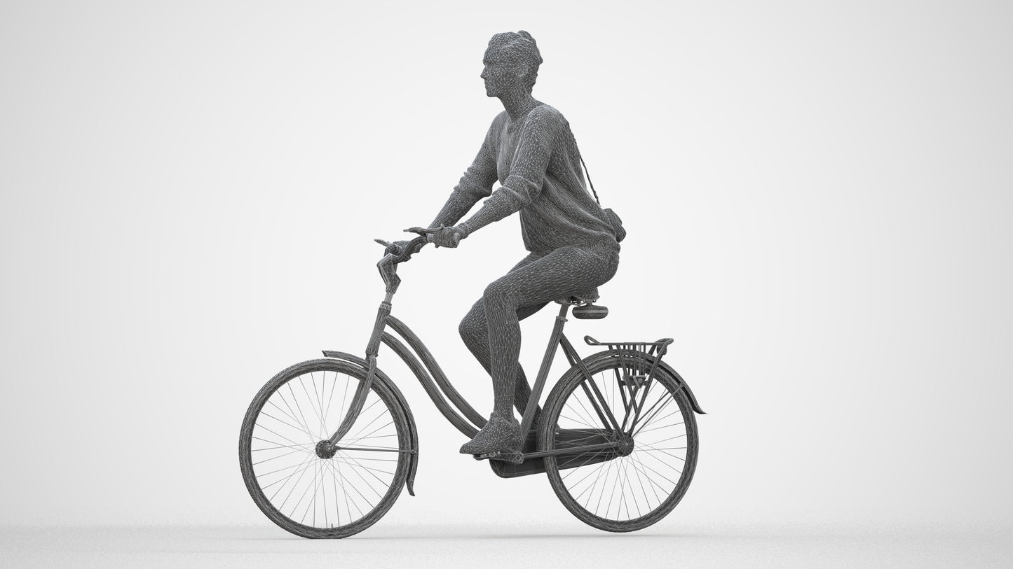 scanned 3D woman casual cycling, photogrammetry people for Enscape and V-Ray, wireframe back view