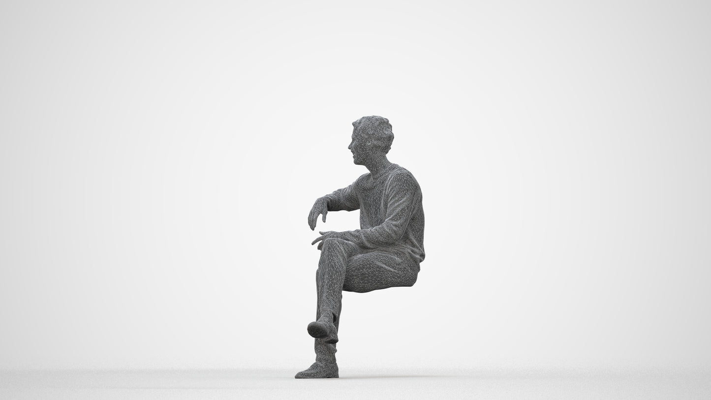 scanned 3D man casual sitting, photogrammetry people for Enscape and V-Ray, wireframe back view