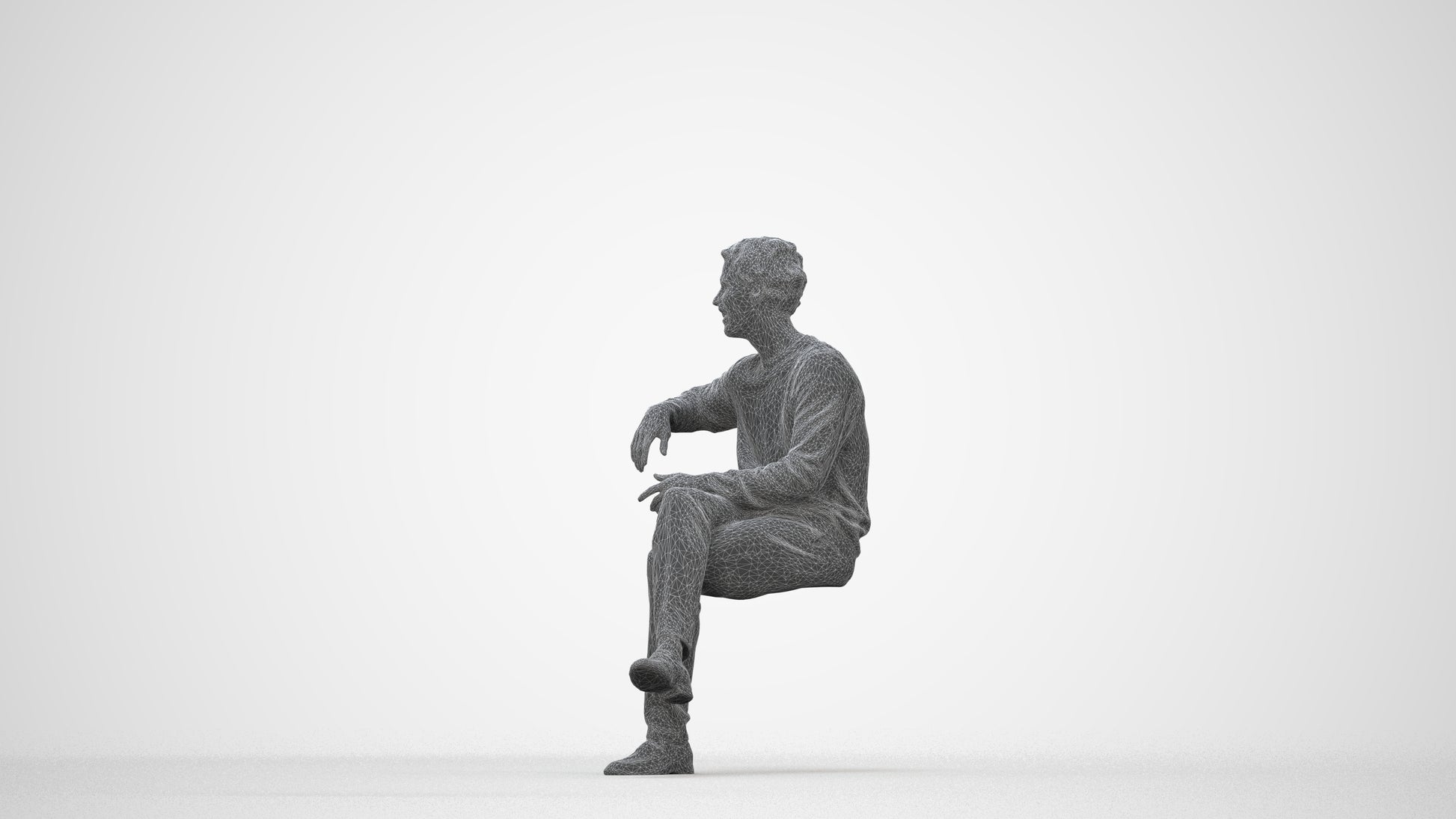 scanned 3D man casual sitting, photogrammetry people for Enscape and V-Ray, wireframe back view
