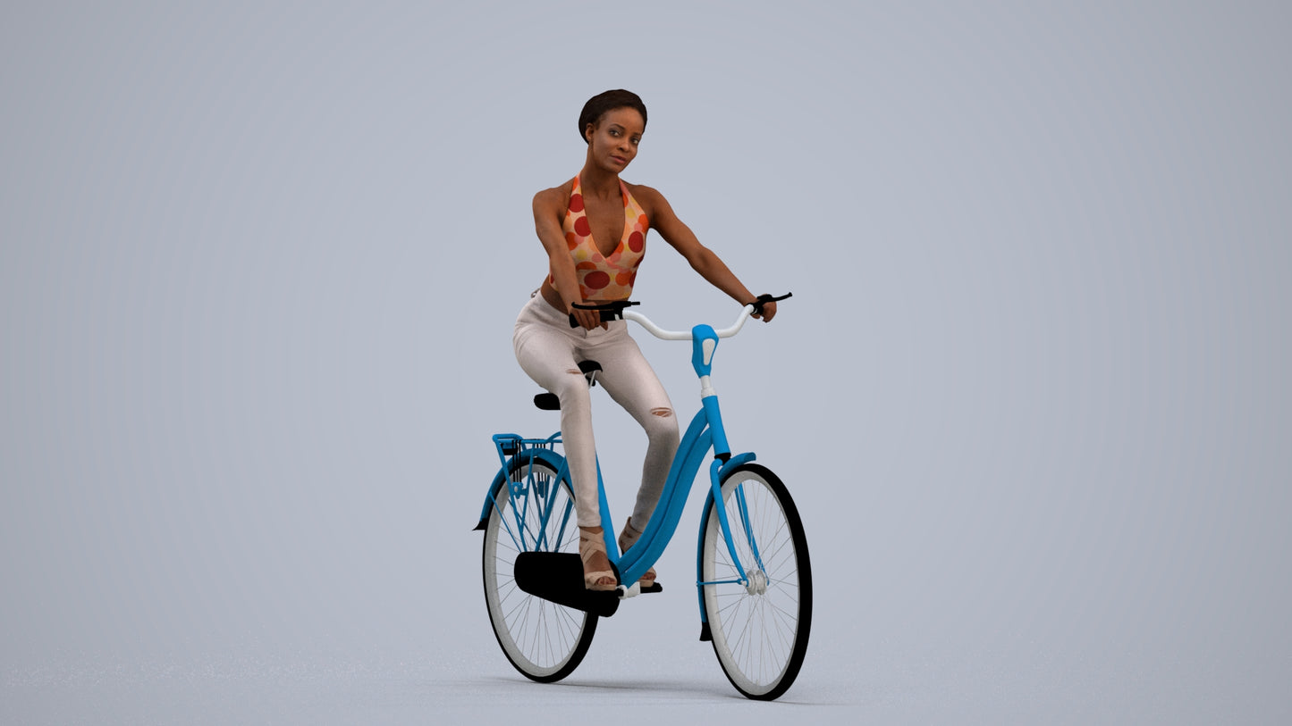 3D scanned woman cycling casual, photorealistic archviz people for Enscape and SketchUp, standing pose render