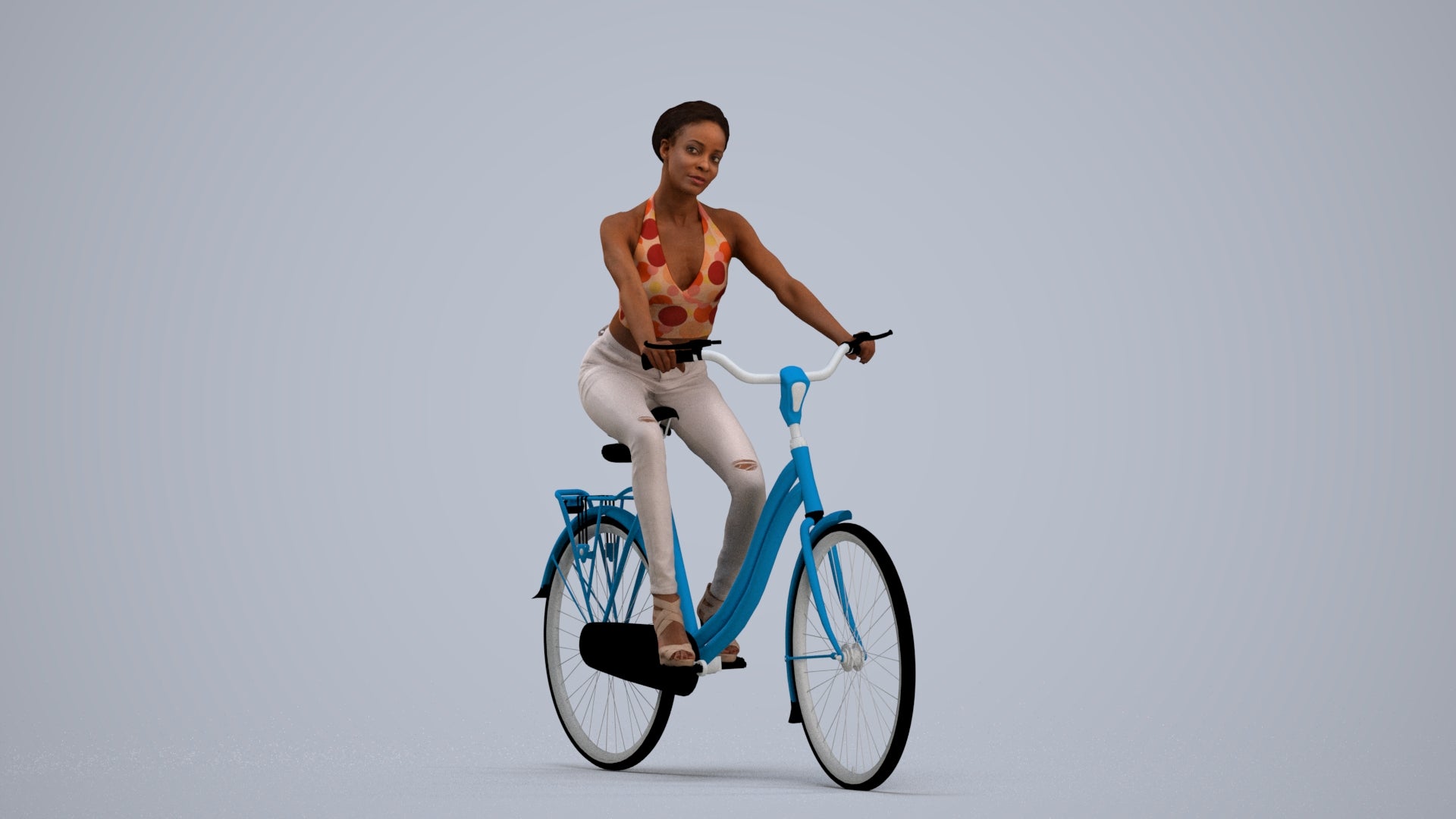 3D scanned woman cycling casual, photorealistic archviz people for Enscape and SketchUp, standing pose render