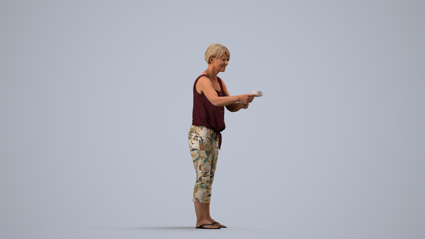 scanned 3D senior woman casual standing, photogrammetry people for Enscape and V-Ray, side view render
