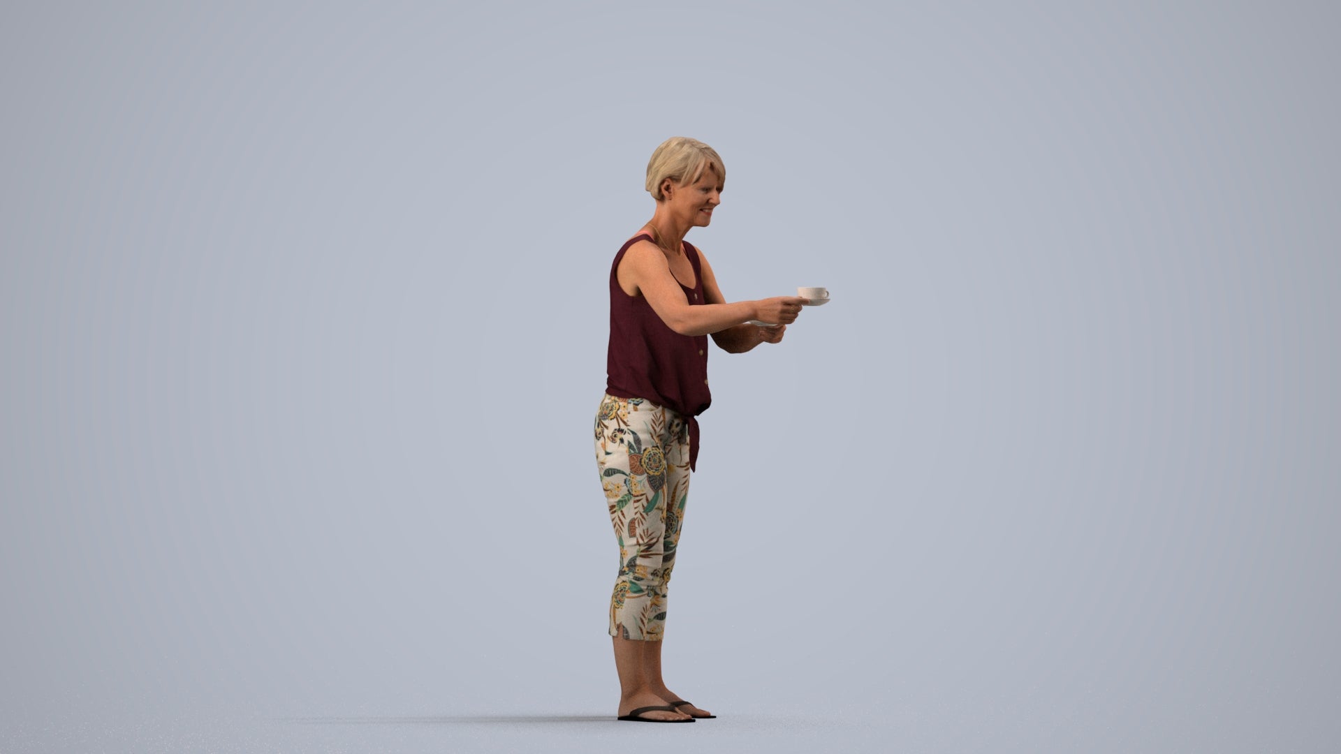 scanned 3D senior woman casual standing, photogrammetry people for Enscape and V-Ray, side view render