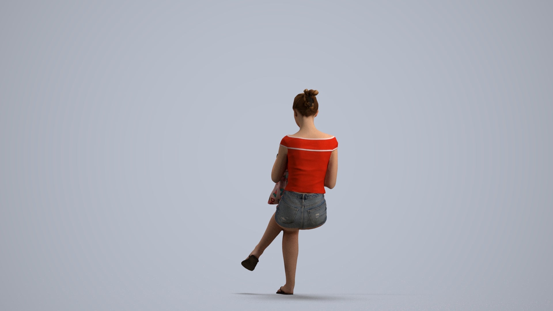 3D human model girl casual sitting, photogrammetry scanned person for archviz, front view render
