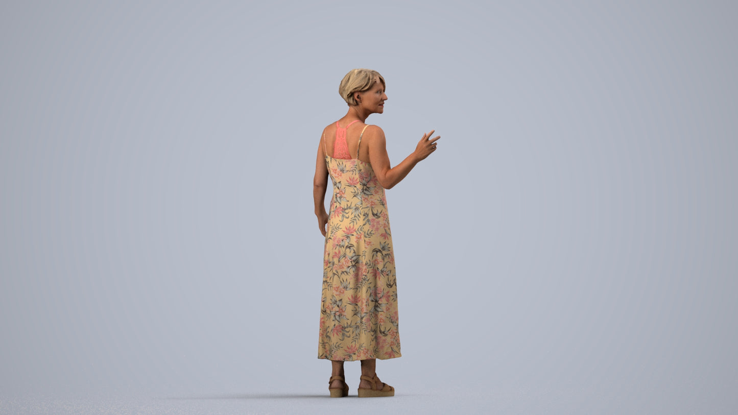 realistic 3D senior woman standing, scanned archviz people for Blender and 3ds Max, side view render