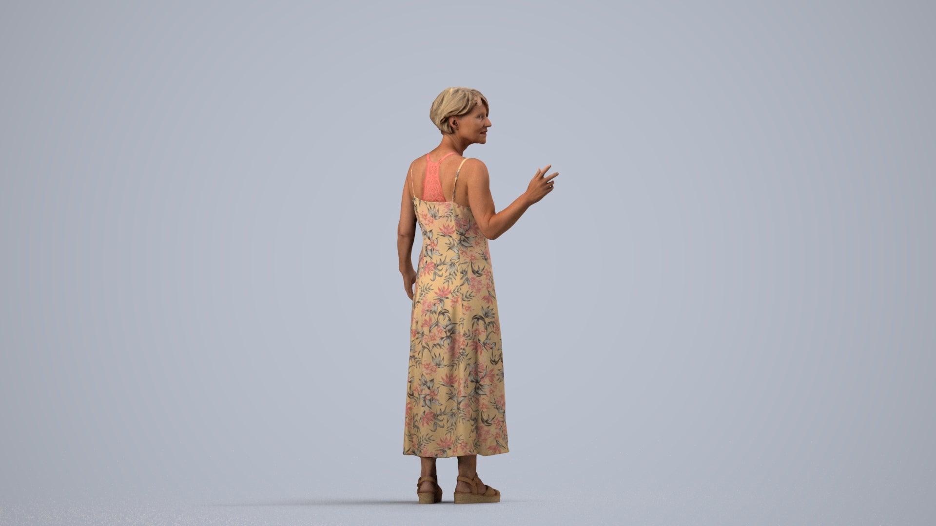realistic 3D senior woman standing, scanned archviz people for Blender and 3ds Max, side view render