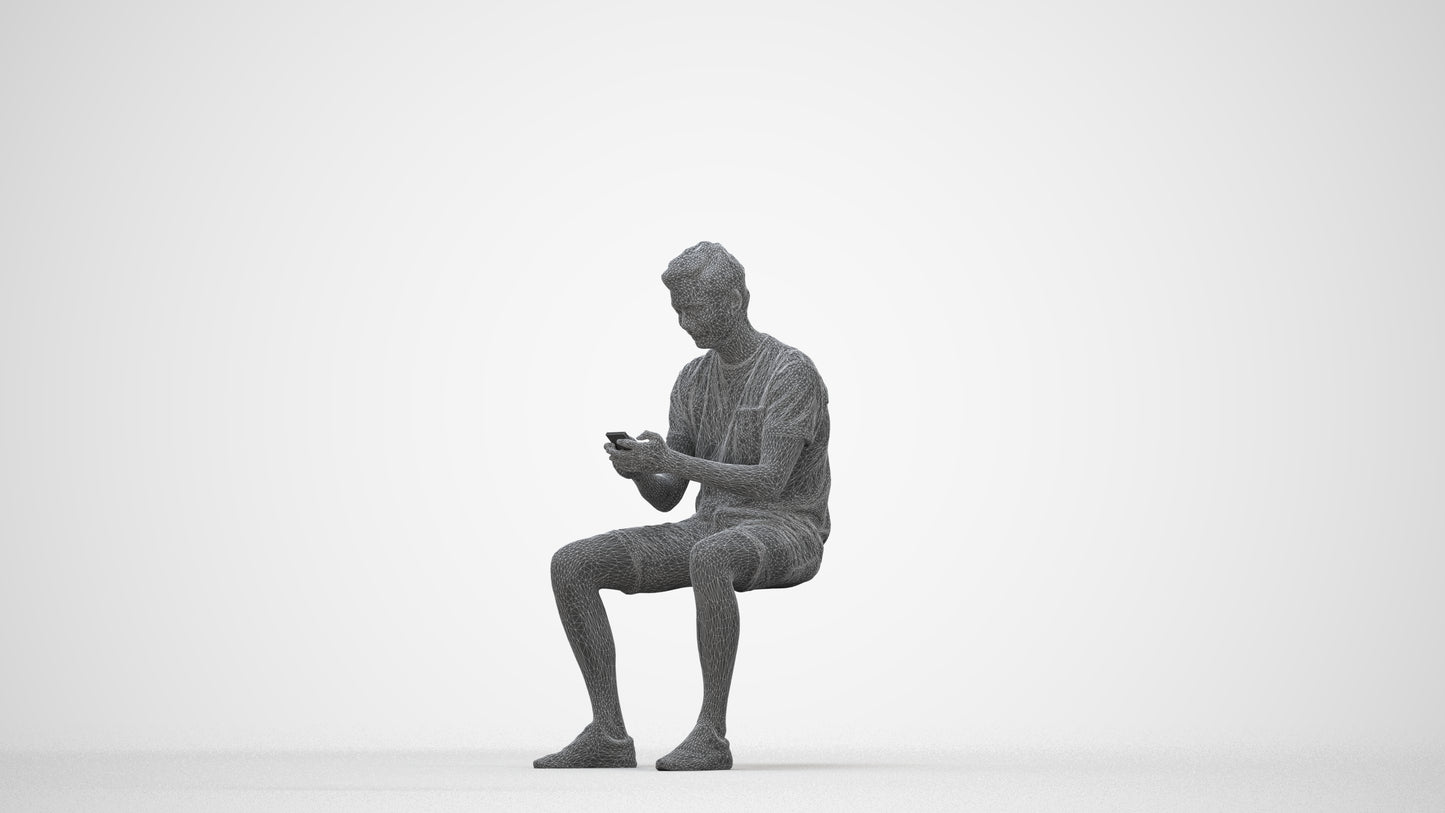 3D scanned man sitting casual, photorealistic archviz people for Enscape and SketchUp, wireframe back view