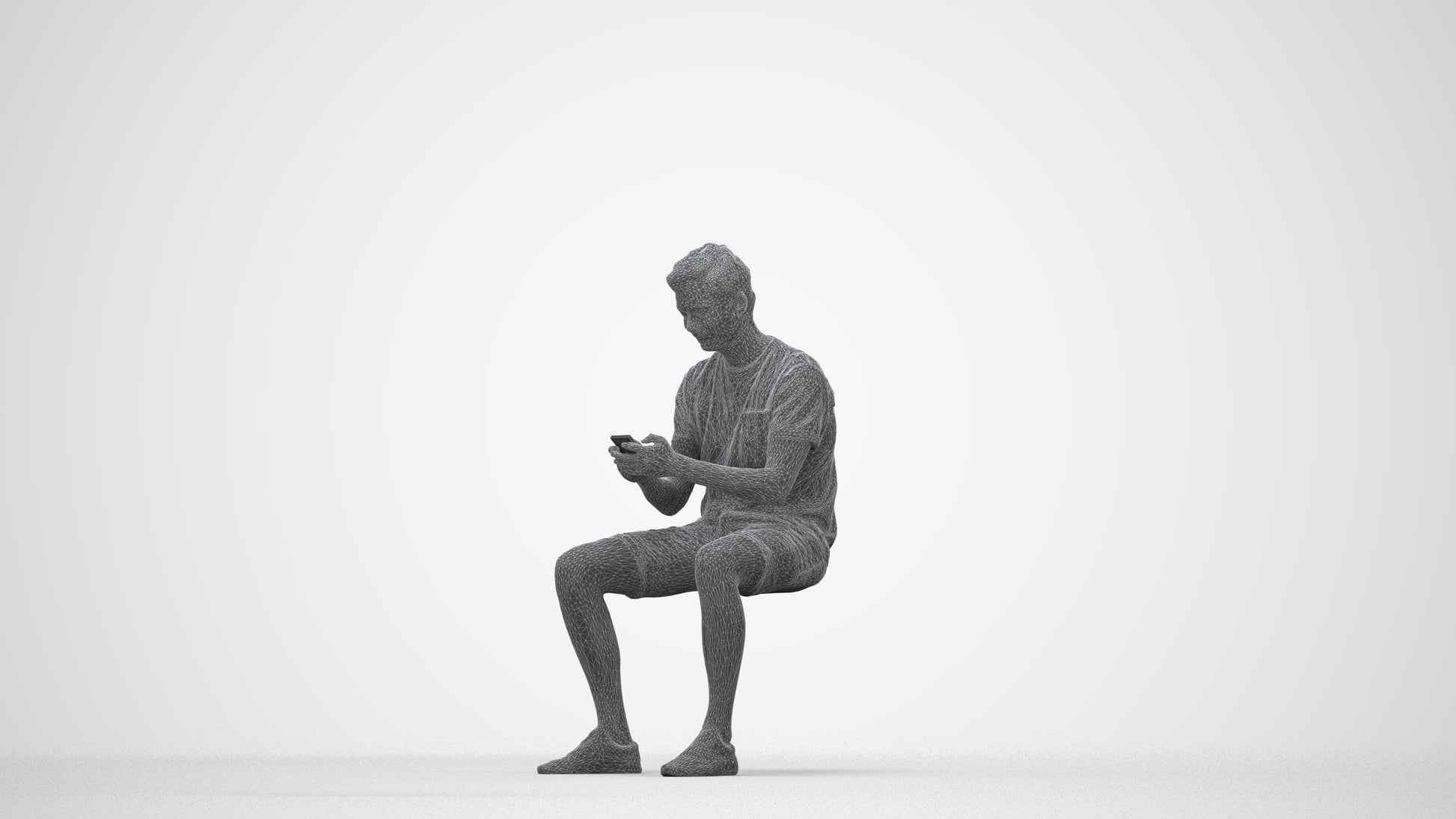 3D scanned man sitting casual, photorealistic archviz people for Enscape and SketchUp, wireframe back view