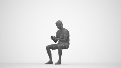 3D scanned man sitting casual, photorealistic archviz people for Enscape and SketchUp, wireframe back view