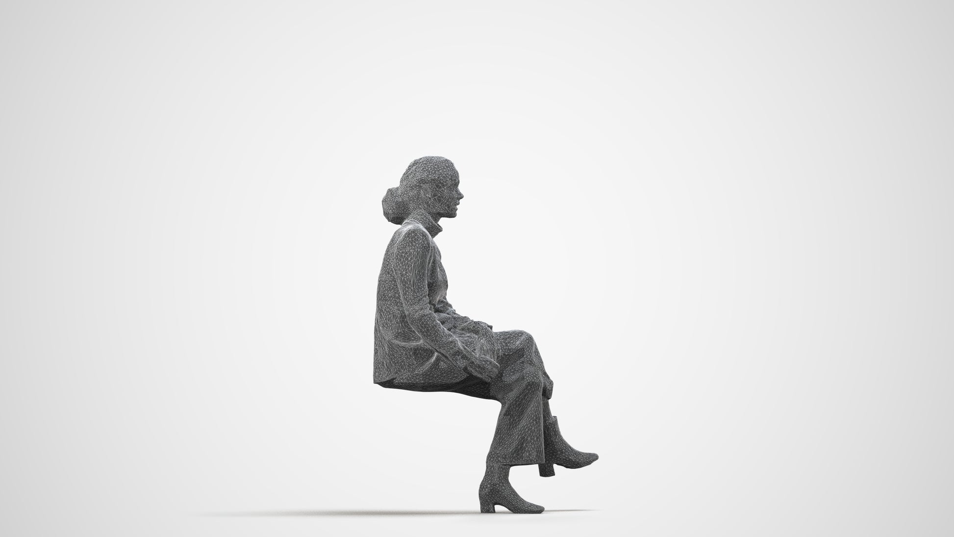 3D human model woman business, photogrammetry scanned person for archviz, wireframe side view