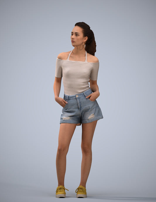 3D human model woman casual standing, photogrammetry scanned person for archviz